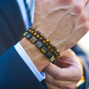 Luxury CZ Bead & Tiger Eye/ Black Onyx 'VIGOUR' 2pc Set Bracelet