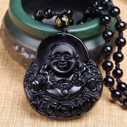 Obsidian Lucky Charm Laughing Buddha Necklace