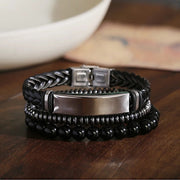 Hematite & Black Onyx Stainless Steel Leather Bracelet