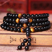 Natural Tiger's Eye & Obsidian Mala Bracelet