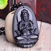 Natural Black Obsidian Saint Buddha Pendant Necklace